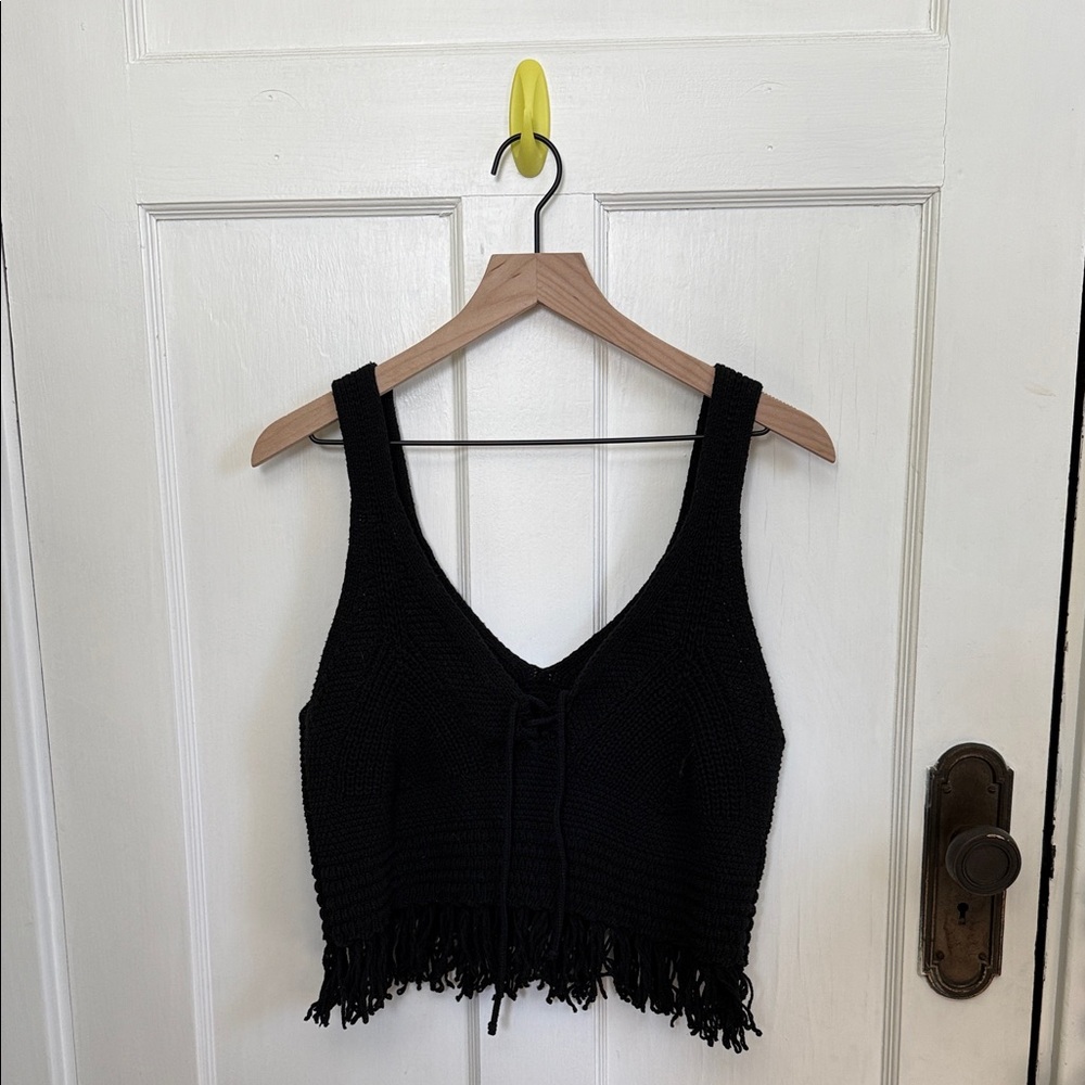 Anthropologie Pilcro Black Fringe Knit Crop Top